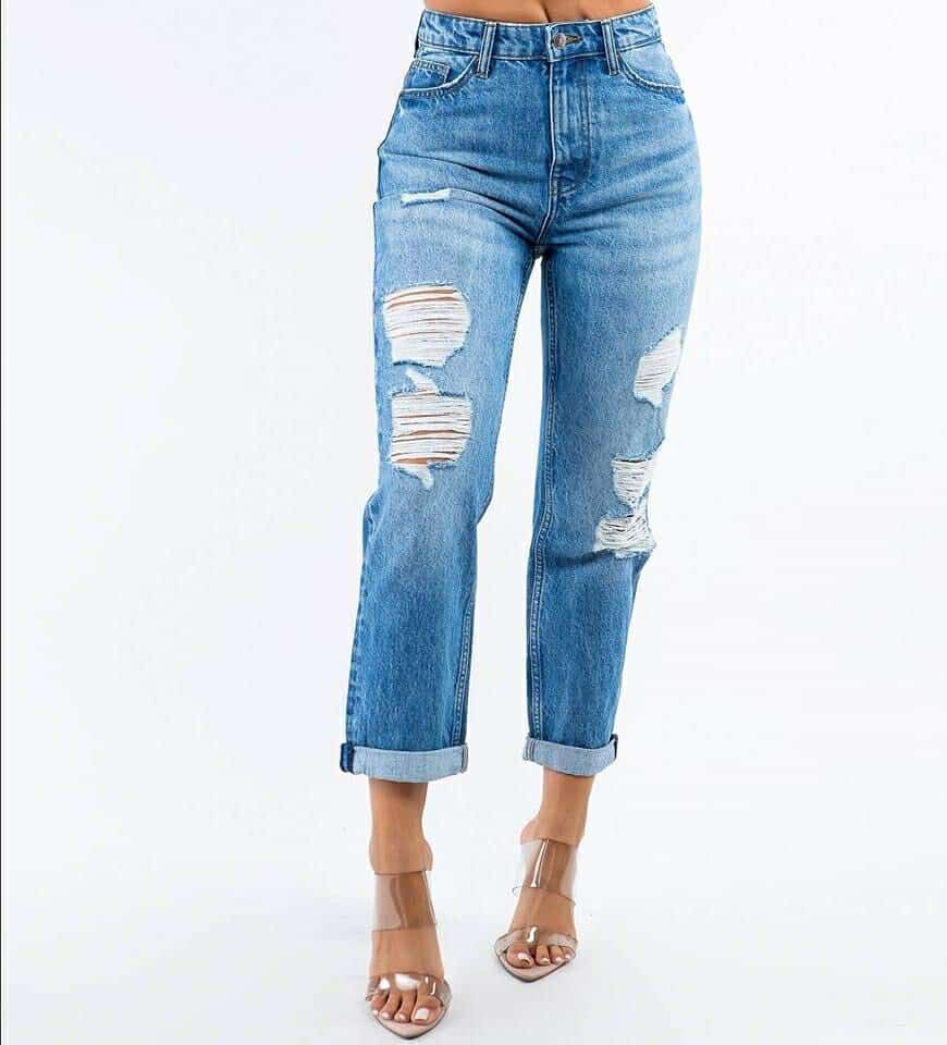 High Waisted Distressed Boyfriend Jeans